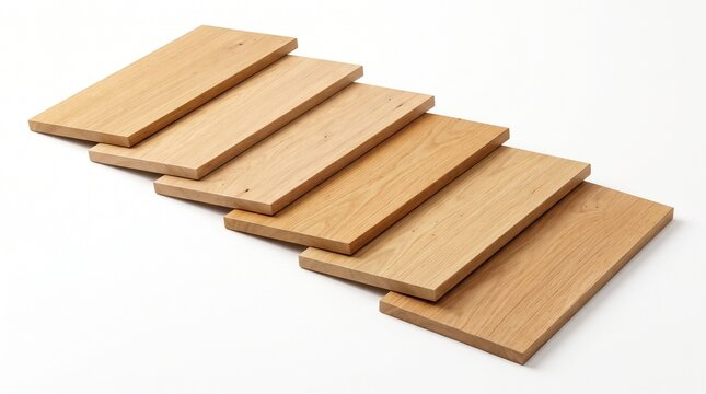 Six rectangular solid oak wood boards arranged neatly in diagonal steps on white background