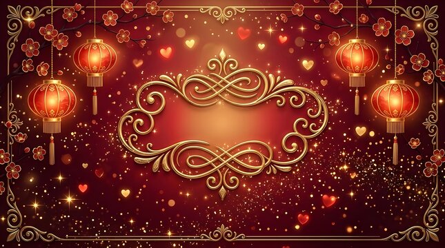 Ornate golden frame surrounded by glowing lanterns and romantic heart shapes against a dark red festive background