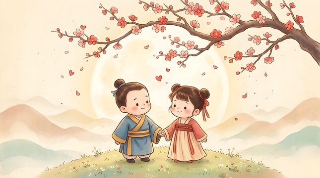 Cute little boy and girl wearing traditional clothing holding hands beneath blossoming cherry tree branches during spring