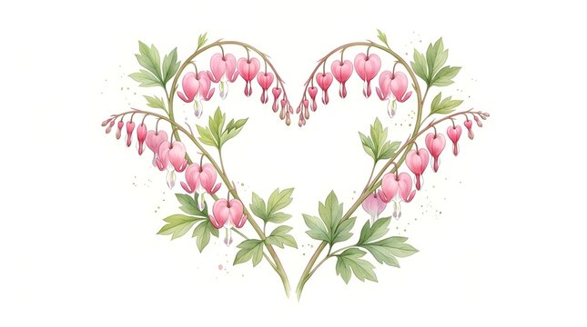 Delicate bleeding heart flowers arranged in symmetrical heart shape with vibrant pink blossoms and lush green foliage against white background