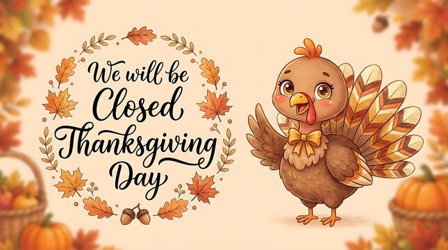 Adorable baby turkey with bow tie cheerfully announces 'We will be Closed Thanksgiving Day' amidst an autumn wreath and pumpkins.
