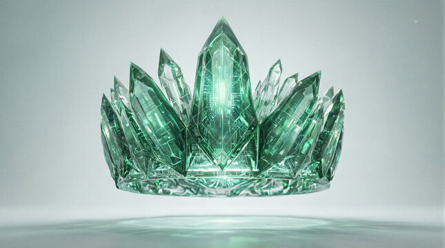Crown crystal emerald floating sharp facets with integrated computational frameworks and radiant memory cores in a minimalist studio environment