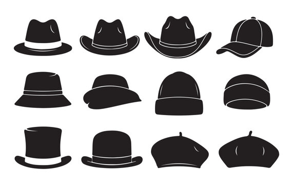 Cap hat beret bonnet Shape set collection pack black icon silhouette vector flat illustration design on white background