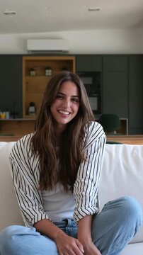 Smiling young woman relaxes cross-legged on a sofa at home, looking at the camera and gently tilting her head. Bright apartment interior supports lifestyle, wellness, leisure, and domestic living.