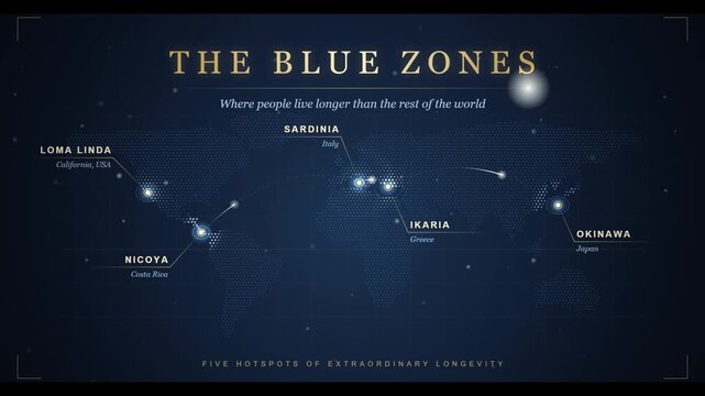 World map graphic displays the blue zones with geographic locations marked on a dark background.