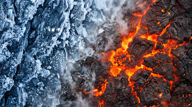Frosted ice meeting glowing lava with steam in between