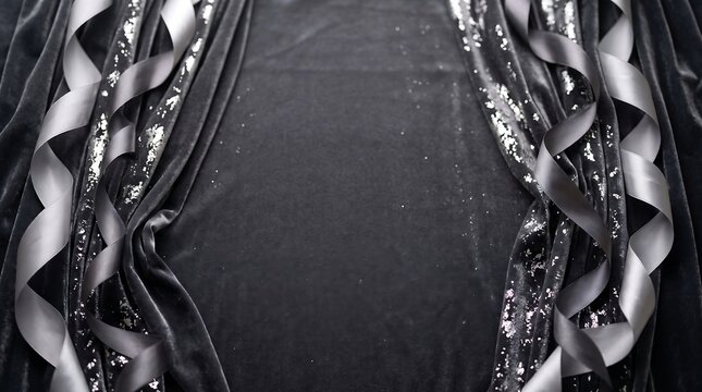 Elegant dark velvet fabric background draped with shimmering silver sequins and ribbons.