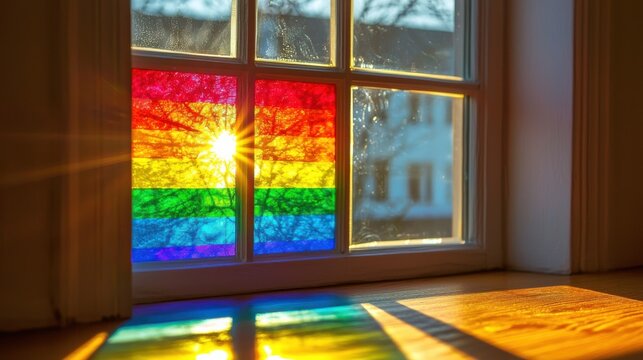 A rainbow pride flag is displayed on a window, casting colorful reflections inside a sunlit room.