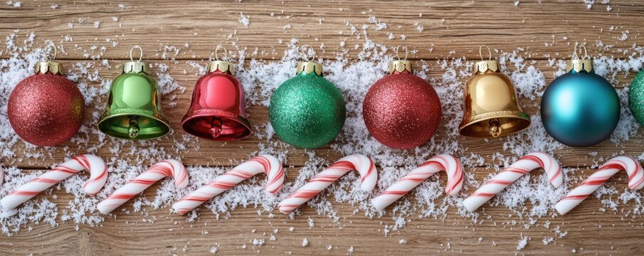 Christmas bells and baubles in red, green, gold, and blue lined on wood with candy canes and sprinkled artificial snow.
