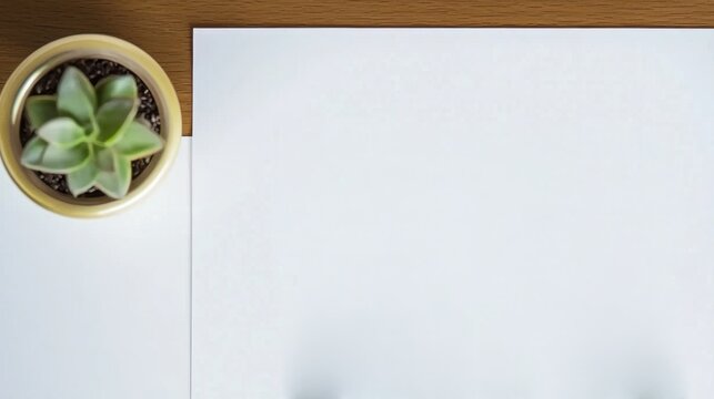 A small succulent plant in a pot sits on a wooden surface next to a blank white sheet of paper.
