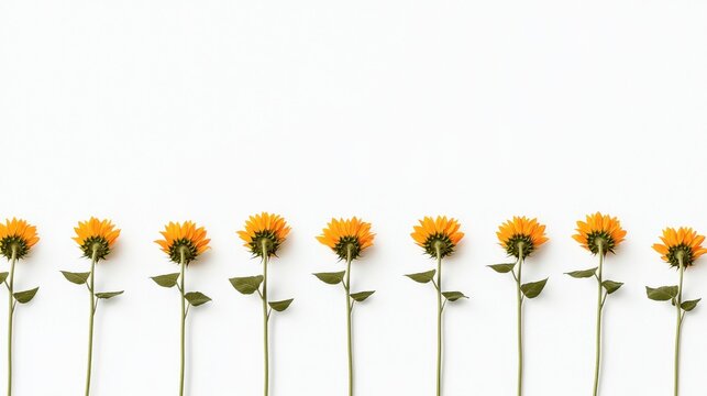 Ten bright sunflowers arranged in a straight line on a white background, showcasing their vibrant yellow petals and green leaves.