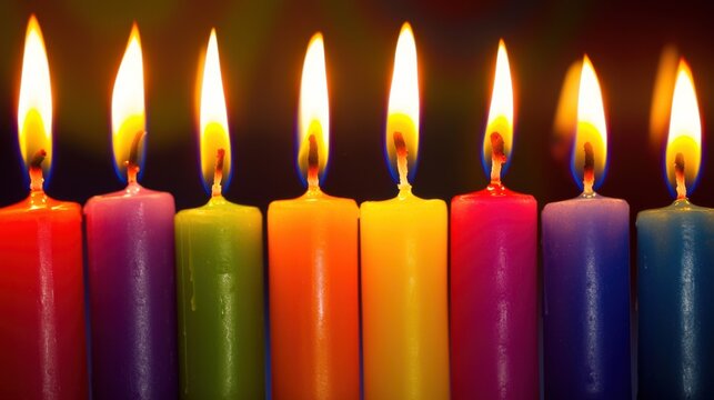 Eight colorful candles burning brightly in a row with vivid flames against a dark background.