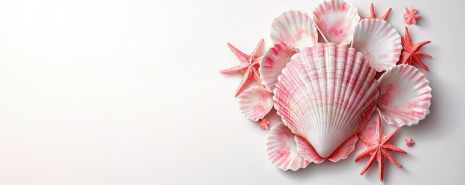 A collection of pink and white seashells and starfish arranged in a semi-circle on a white background.