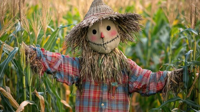 A cheerful scarecrow with a woven hat stands in a cornfield, surrounded by tall green corn plants under natural daylight.