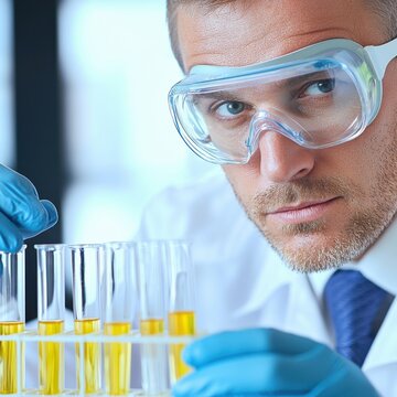 A focused scientist wearing protective goggles and gloves carefully examines yellow liquid samples in test tubes inside a laboratory setting.