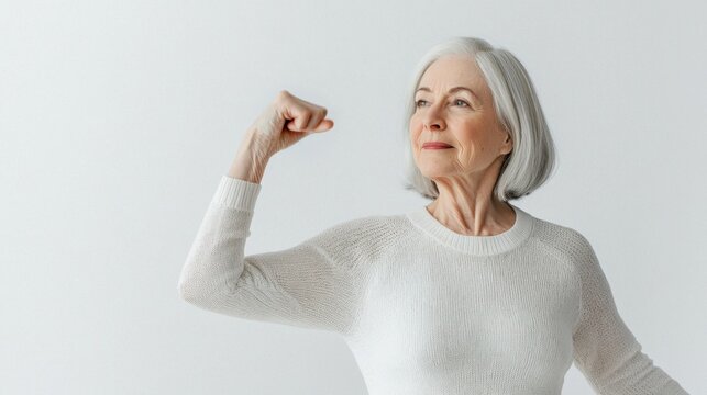 An elderly woman with gray hair confidently flexes her arm, symbolizing strength and empowerment in a light, minimalistic setting.