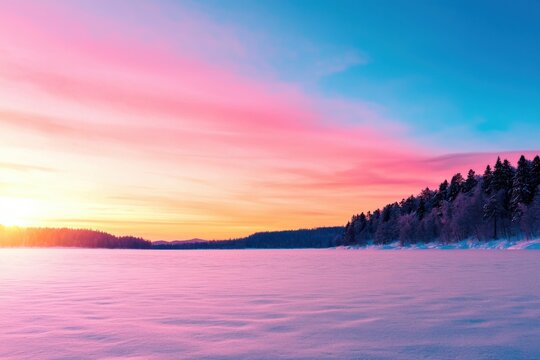 A serene winter landscape at sunrise with a colorful sky and snow-covered ground bordered by a dense forest.