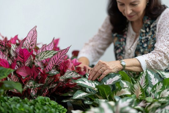 A woman tending to a variety of vibrant indoor plants, focusing on their leaves with care and attention in a bright setting.