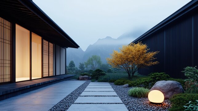 A modern Japanese-style garden path between two buildings, illuminated softly at dusk with mountains visible in the misty background.