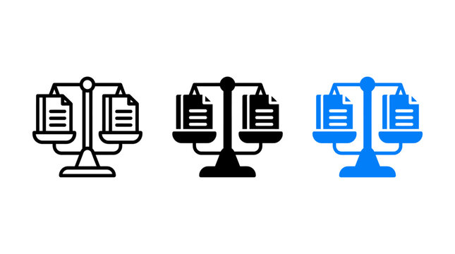 Legal document balance scale icons in outline solid and blue styles with document contract comparison