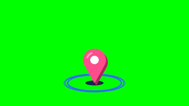Location pin dropping with ground ripple waves, GPS map marker icon, green screen seamless loop 4K