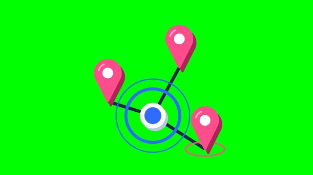 You are here dot connecting to nearby location pins, nearby places network GPS icon animation, green screen seamless loop 4K