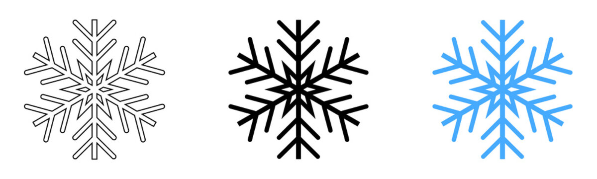 Three stylized snowflake in black outline black solid and blue solid on white background
