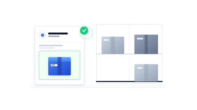 Inventory request card receiving package from shelf with approval badge