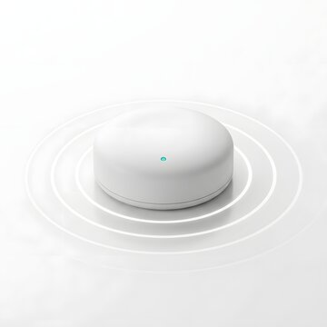 Compact White Bluetooth Beacon with Concentric Signal Rings on White Background