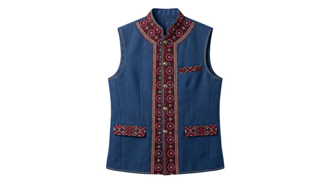 Traditional navy blue Nehru jacket vest, elegant sleeveless waistcoat with ethnic embroidery, formal South Asian men's ethnic wear for weddings isolated PNG with Transparent Background