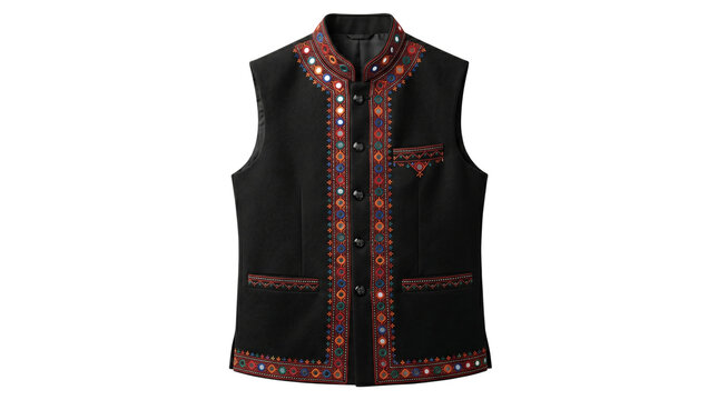 Traditional ethnic black waistcoat with mirror work, handmade embroidered men's vest, cultural folk fashion garment for festive occasions isolated PNG with Transparent Background