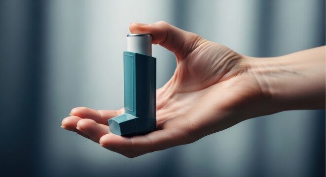 Hand holding a blue asthma inhaler for respiratory relief
