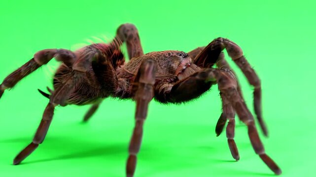 Hairy tarantula spider crawling slowly across a bright green screen background for easy chroma keying
