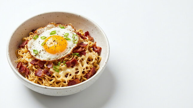 Bowl of cheesy instant noodles topped with crispy bacon, a sunny side up fried egg and spring onion, with copy space.