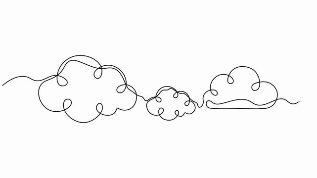 Clouds continuous line art drawing. Cloudy weather concept, Cloud-shaped speech or thought bubble in a one-line art style. Drawing of a thought or idea symbol, self drawing animation.