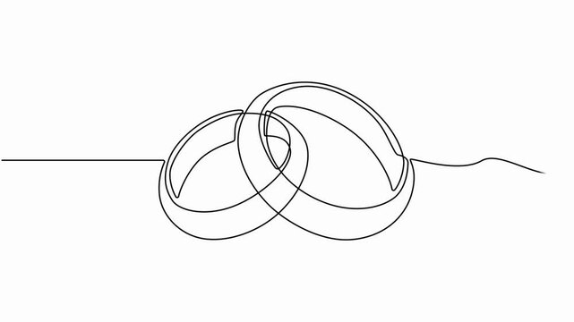 Animated self drawing of continuous one line drawing, Engagement, marriage. Romantic template for invitations, Wedding rings. Wedding day. Full length one line animation