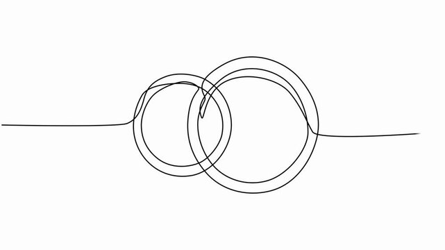 Animated self drawing of continuous one line drawing, Engagement, marriage. Romantic template for invitations, Wedding rings. Wedding day. Full length one line animation