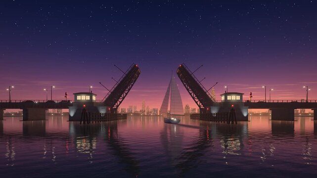 Bascule Bridge Opening for Sailboat at Dusk on City River