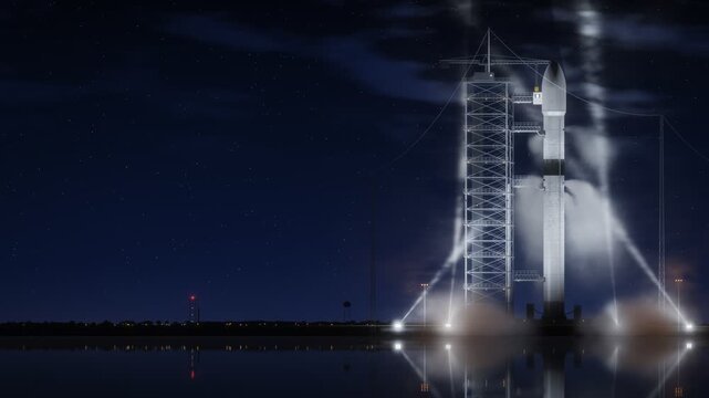 Floodlit Rocket Launch Tower Venting Vapor at Night Seamless Loop