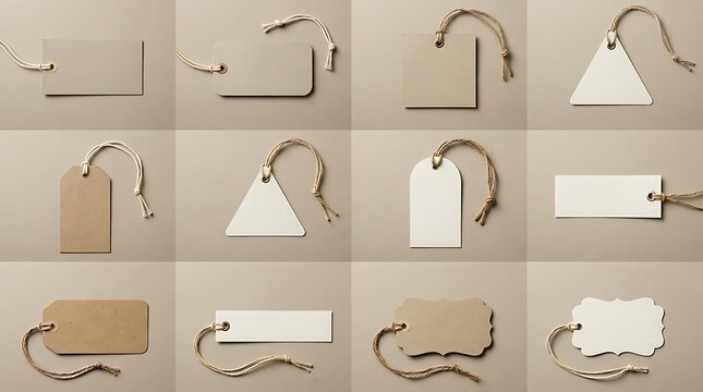 Blank price tags collection with twine strings on neutral background for branding and retail mockup design