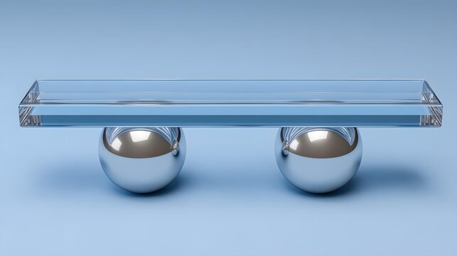 glass balance scale containing identical smooth spheres on both sides, pale blue background, subtle reflections, clean minimalist 3D rendering, equality, fairness and objective judgment concept,