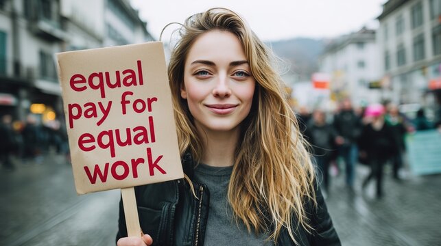 Young Caucasian woman holds equal pay for equal work sign at street protest rally demanding gender wage equality and workplace fairness in urban setting