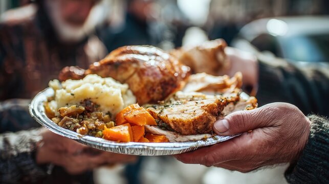 Weathered hands hold a hearty plate of roast dinner featuring golden meat, potatoes and vegetables at an outdoor community gathering 
