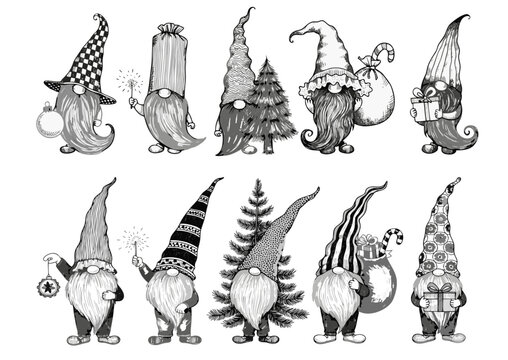 Set of hand drawn christmas gnomes with gifts and trees in a vintage sketch style illustration