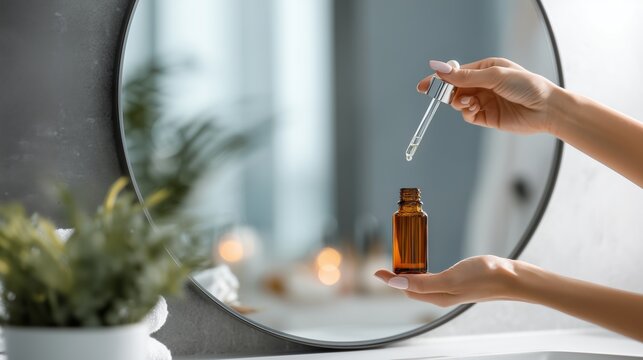 Caucasian woman hand holding glass dropper bottle with facial serum in front of bathroom mirror. Minimalist skincare routine moment with soft natural lighting and elegant decor creating calm spa