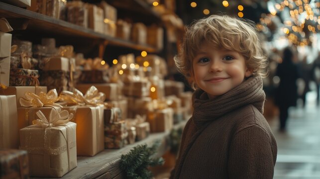 Smiling Caucasian boy with curly blonde hair stands near wrapped Christmas gifts at festive holiday market. Warm golden lights create cozy winter shopping atmosphere filled with seasonal joy.