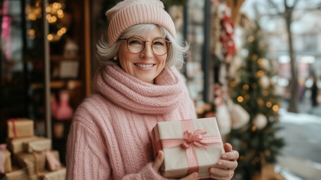 Smiling senior Caucasian woman in pink winter knit sweater and beanie holds wrapped Christmas gift box outside decorated holiday storefront during festive shopping season