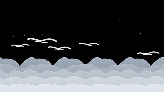 Minimalist digital vector illustration of night sky with clouds and flying birds.