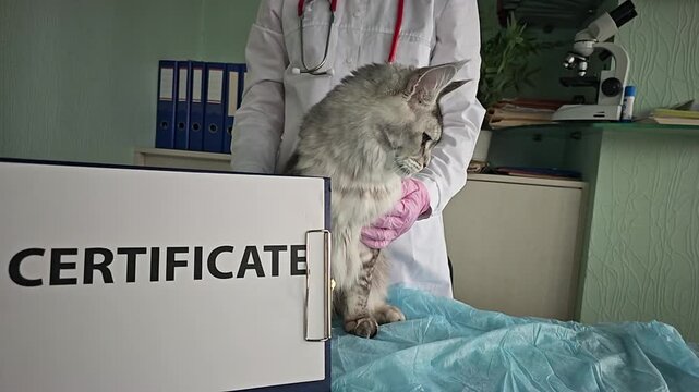 Veterinarian examines a gray cat on an exam table in a clinic