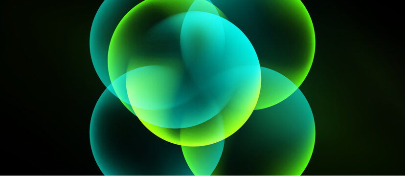 Abstract composition featuring overlapping luminous orbs. Green, teal hues blend creating soft glow, dark background enhances visual impact.